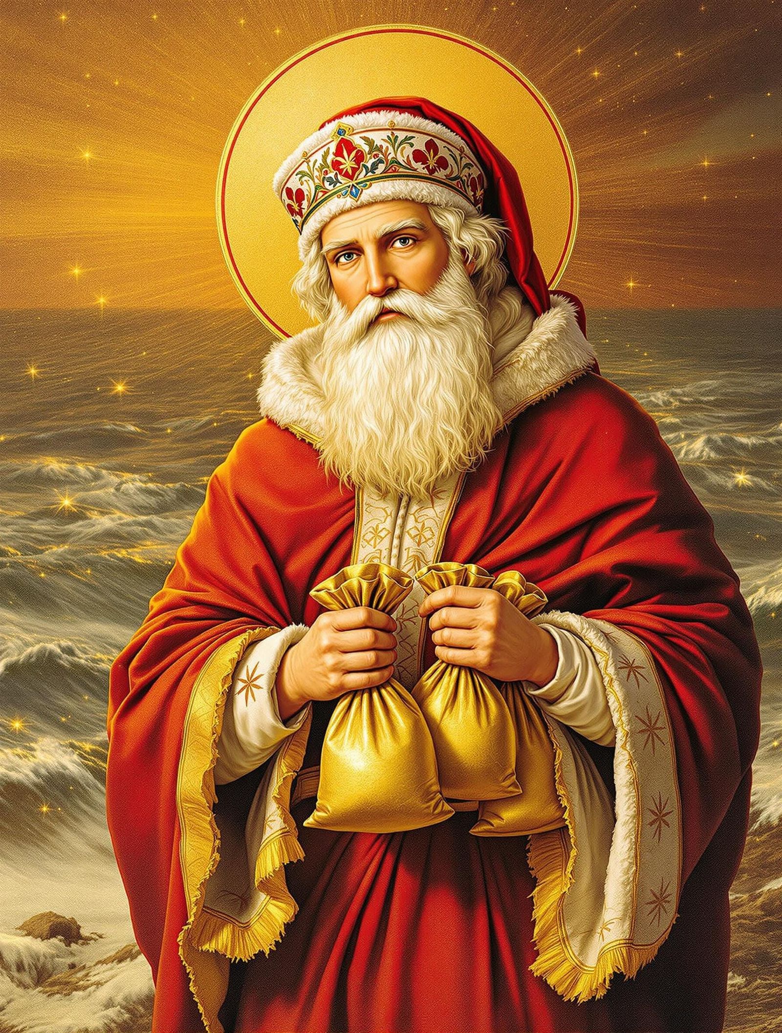 Saint Nicholas Holding Treasures in Golden Sacks