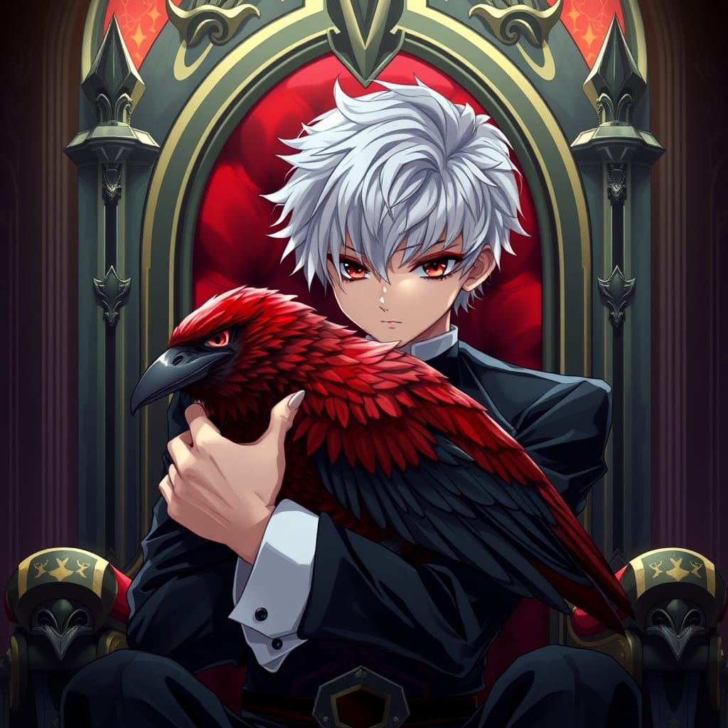 Ethereal Gothic Hero Embraces Majestic Red Raven in Dark Thr...