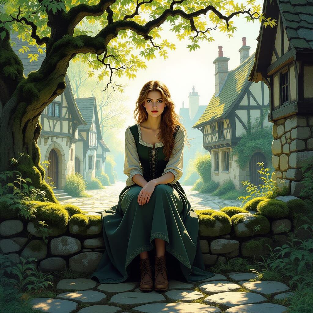 Young Woman on Mossy Wall in Enchanted Village Square