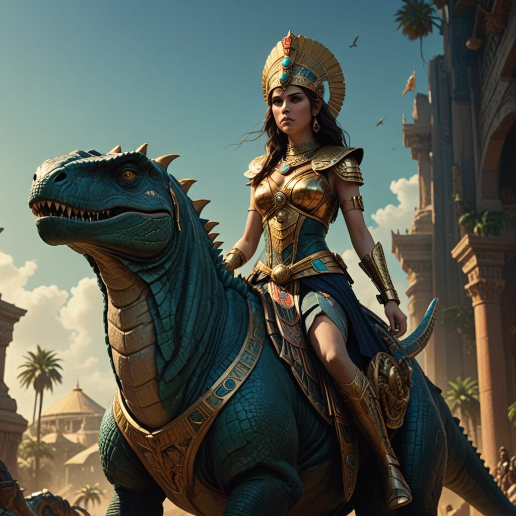 Cleopatra on a Dinosaur in Vibrant, Hyperdetailed Art