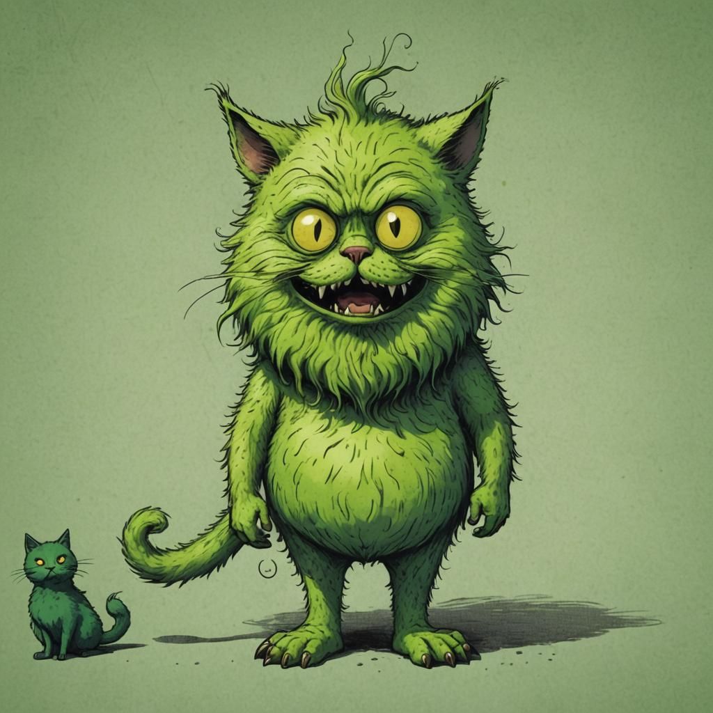 a bright green, hairy creature, pot-bellied, pear-shaped, sn...