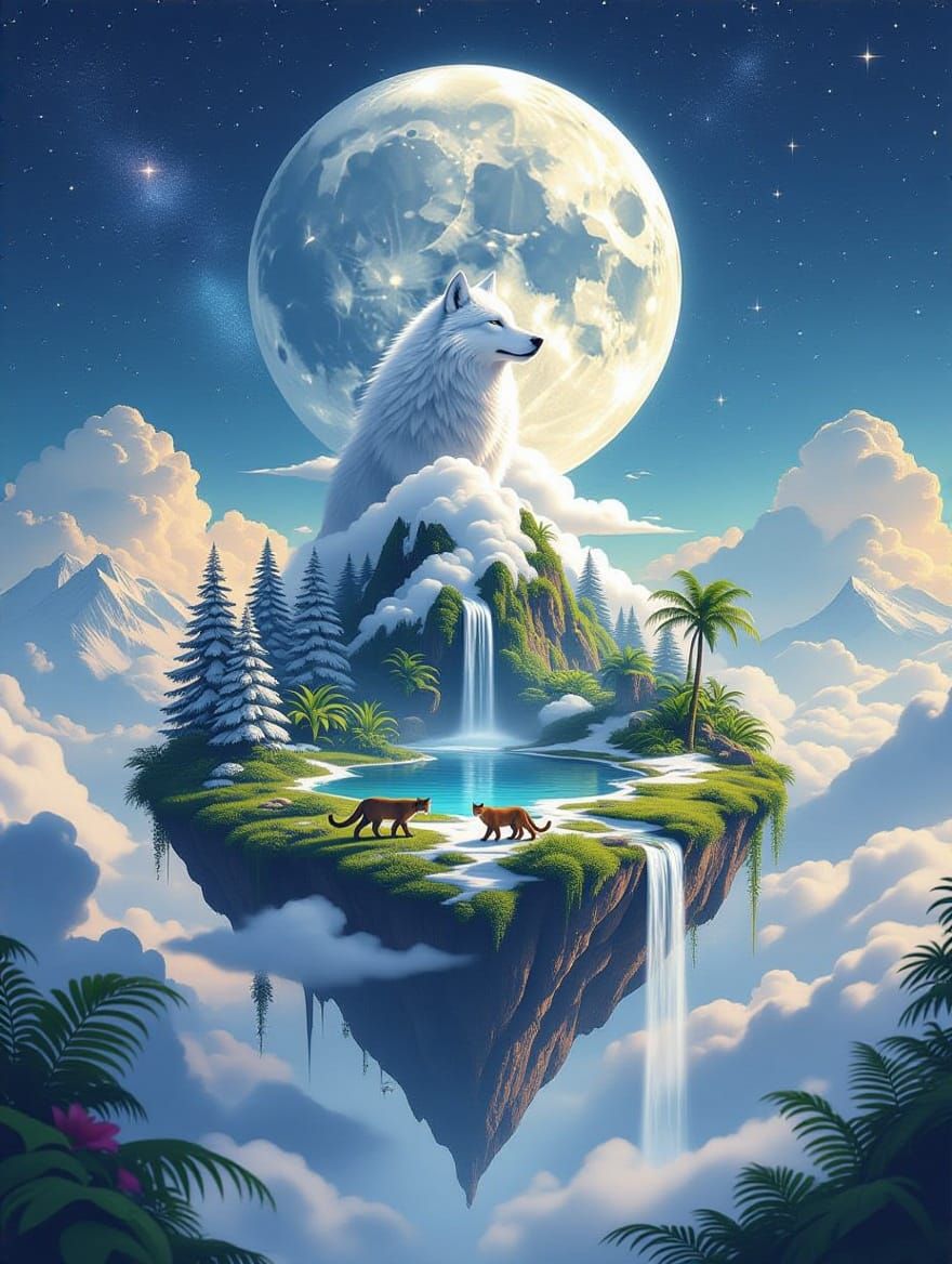 Ethereal Floating Island in Starry Night Sky with Majestic W...