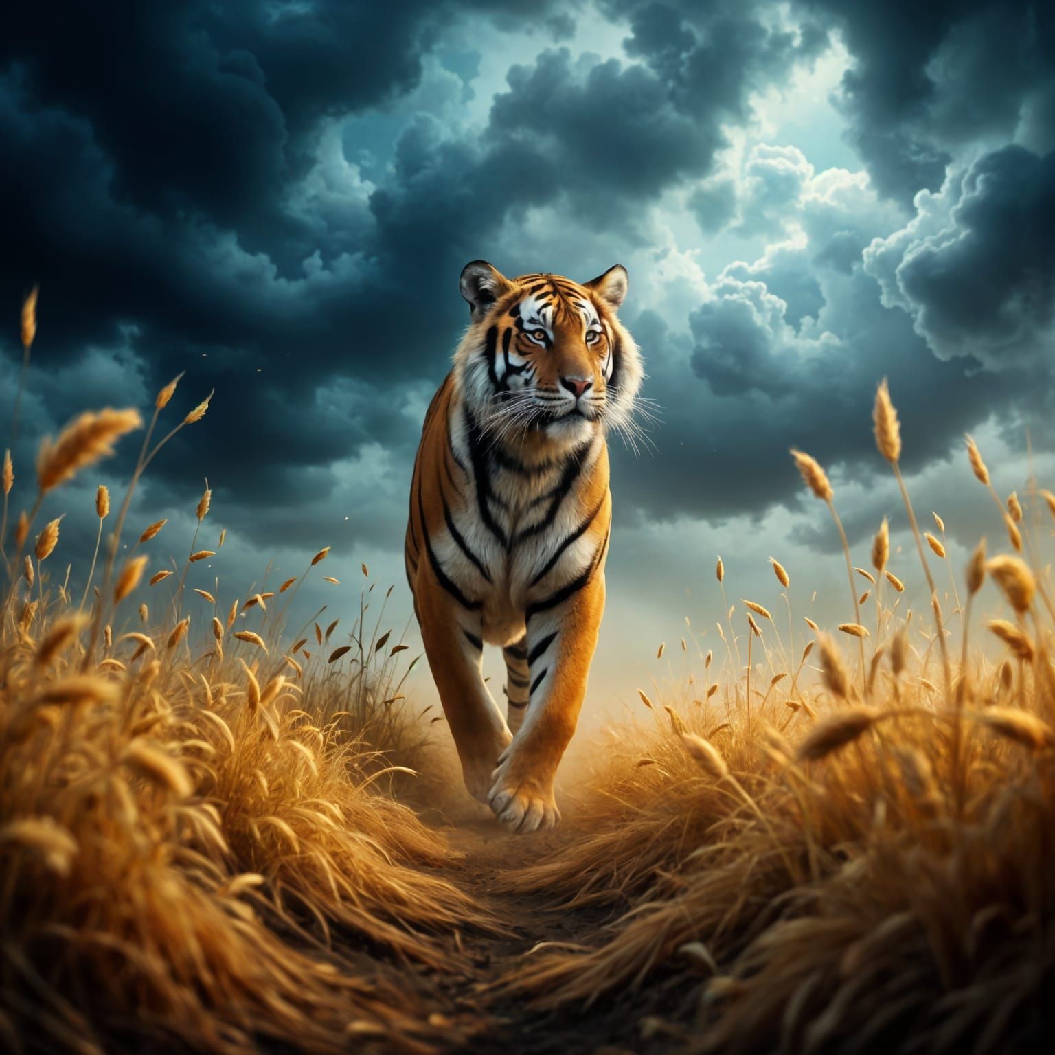 Stormy Tiger Strides Across Vibrant Fields