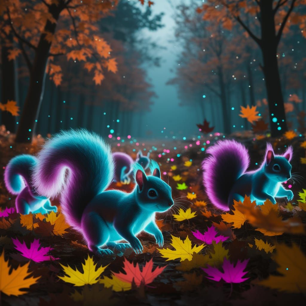 Bioluminescent Squirrels in Neon Autumn Forest