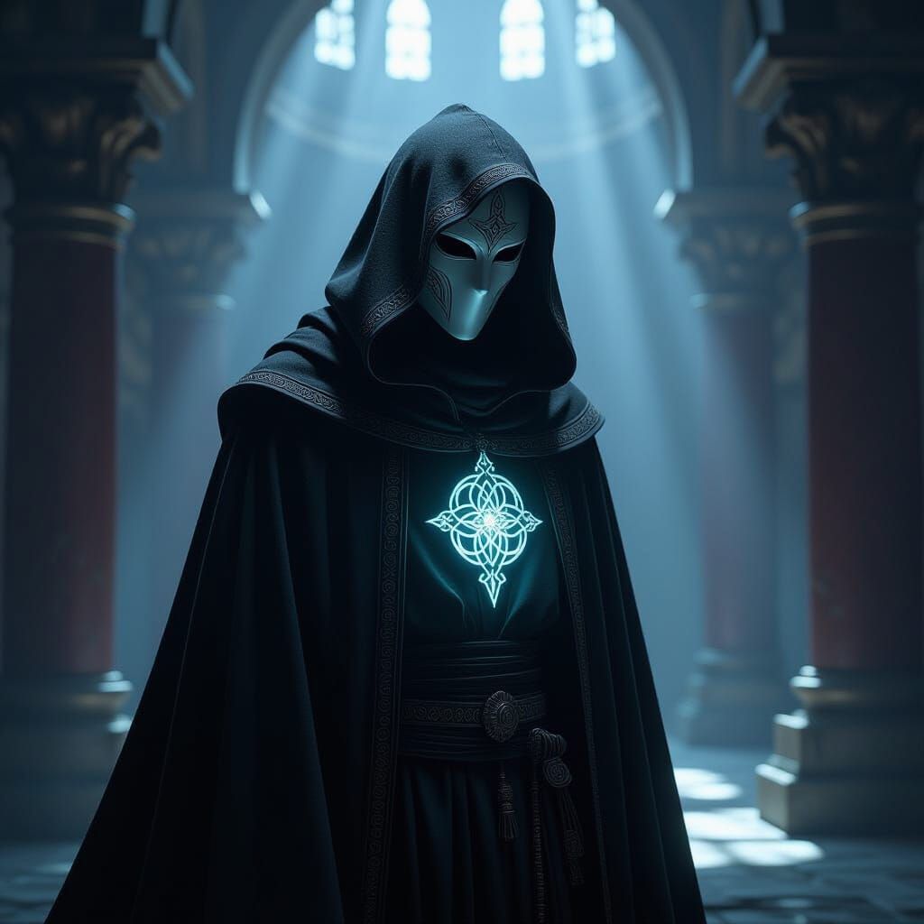 Mysterious Monk in Dark Monastery with Glowing Symbol