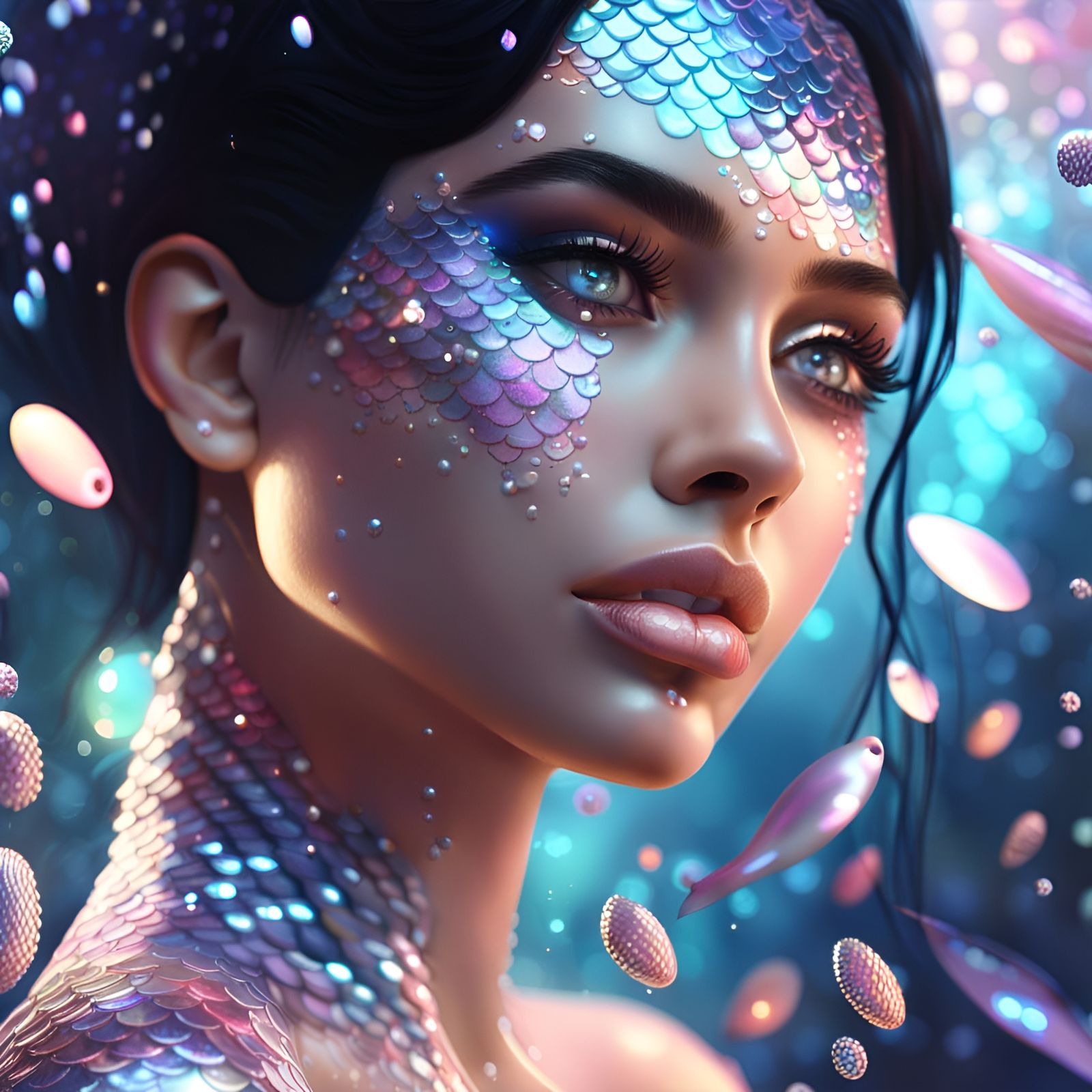 Glittering Mermaid with Black Hair in Pastel Colors