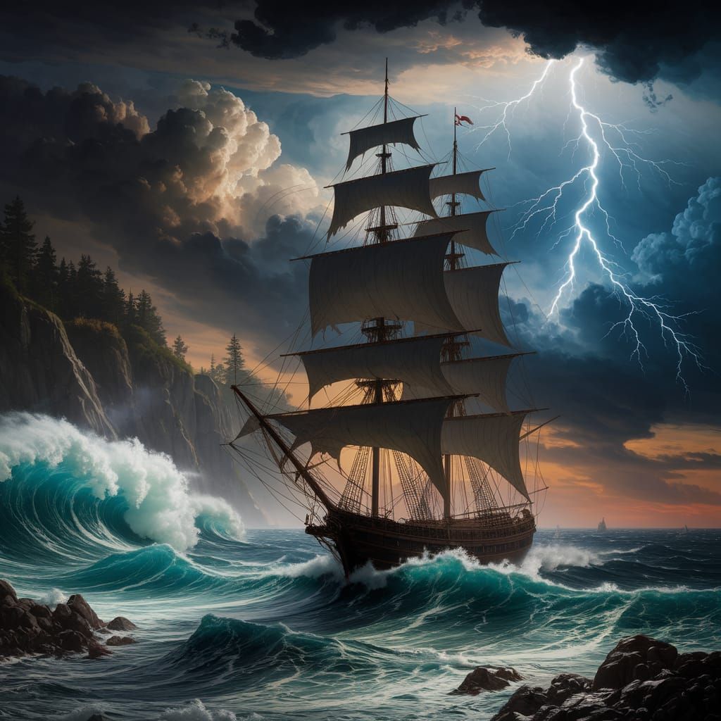 Detailed matte painting. A dramatic seascape with towering waves crashing against a rocky coastline. Dark clouds fill th...