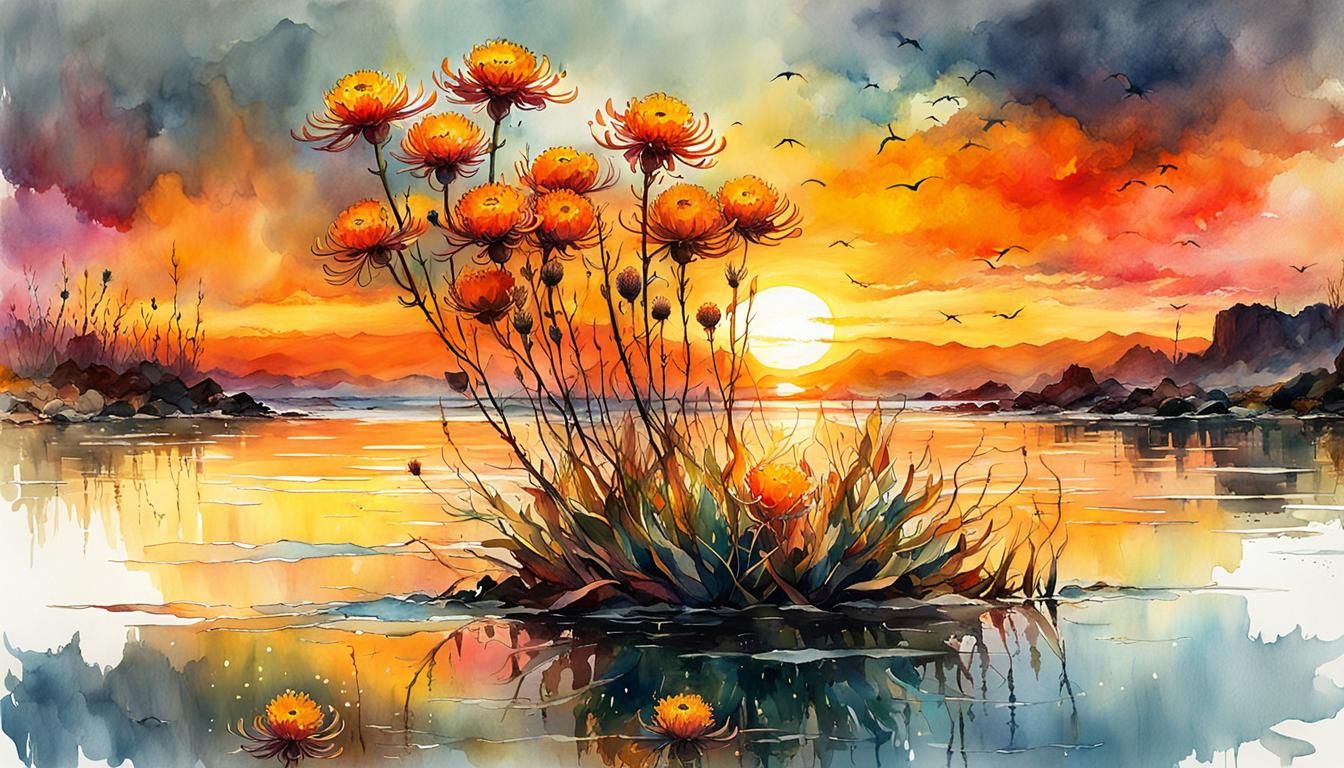 Flamenco Dancer in Sunset Flower Field, Watercolor Style