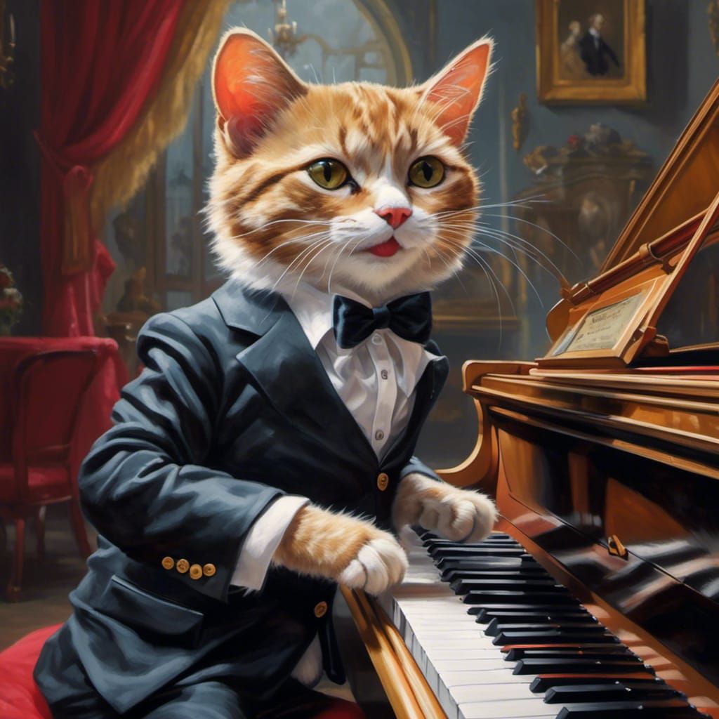 Cat in a suit playing piano