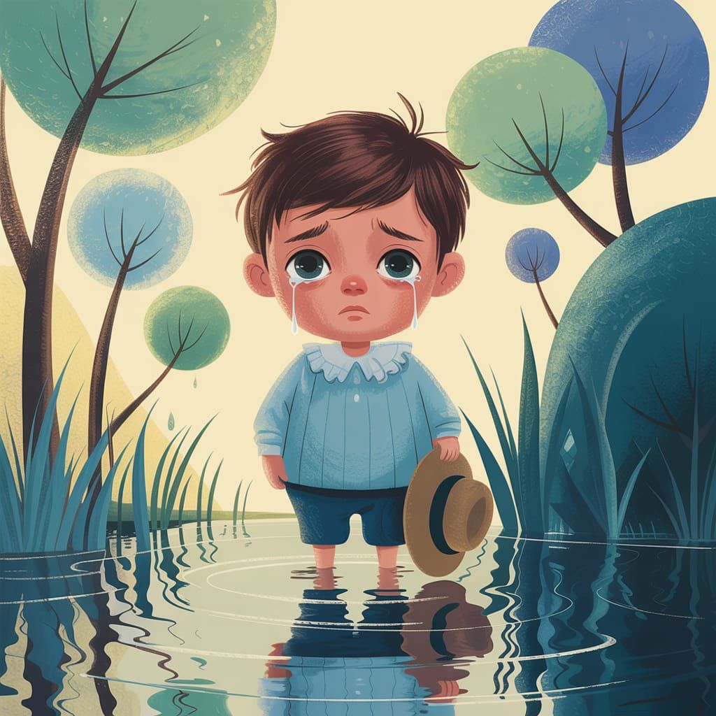 Sad Boy by Pond in Painterly Style