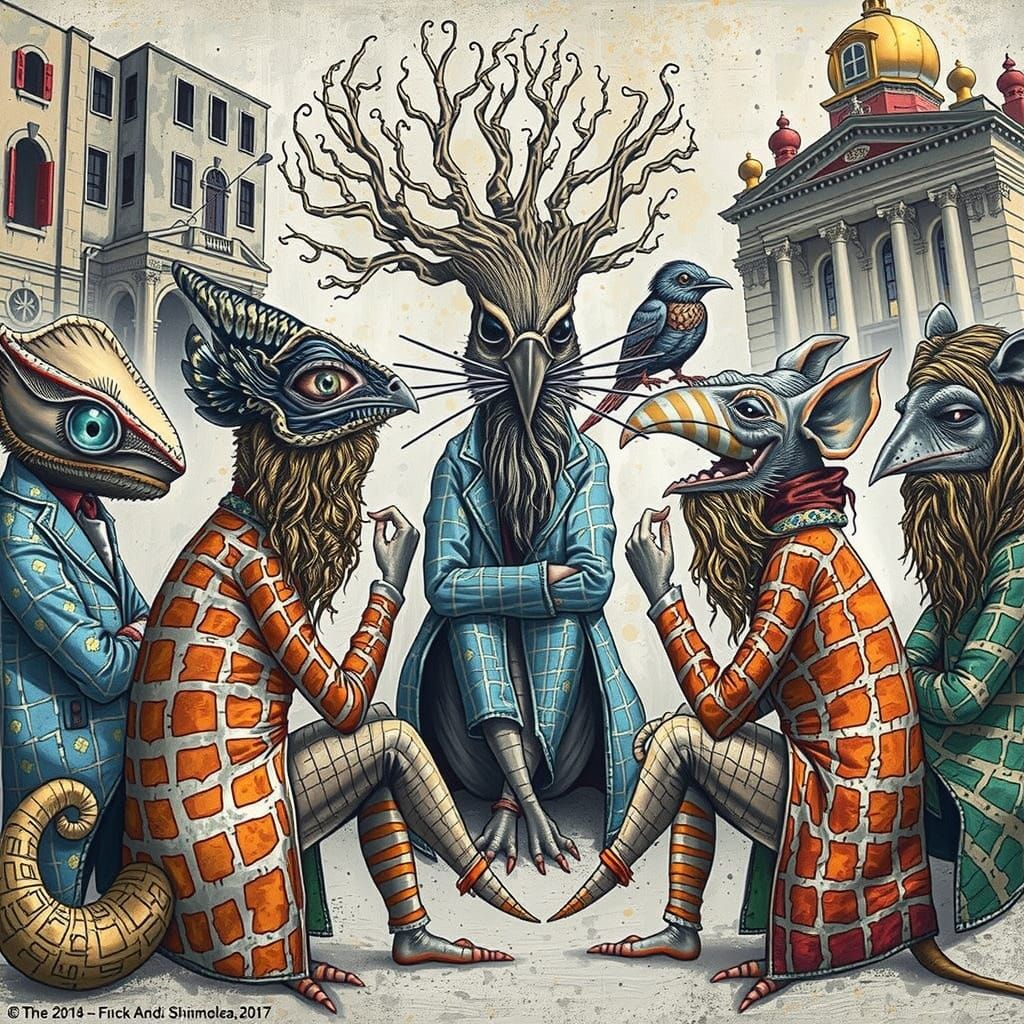 Anthropomorphic Elders Converse in Bizarre Cityscape at Dusk