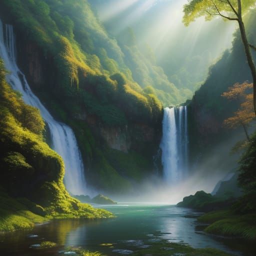Breathtaking Waterfall Landscape in Vibrant Oil Painting Sty...