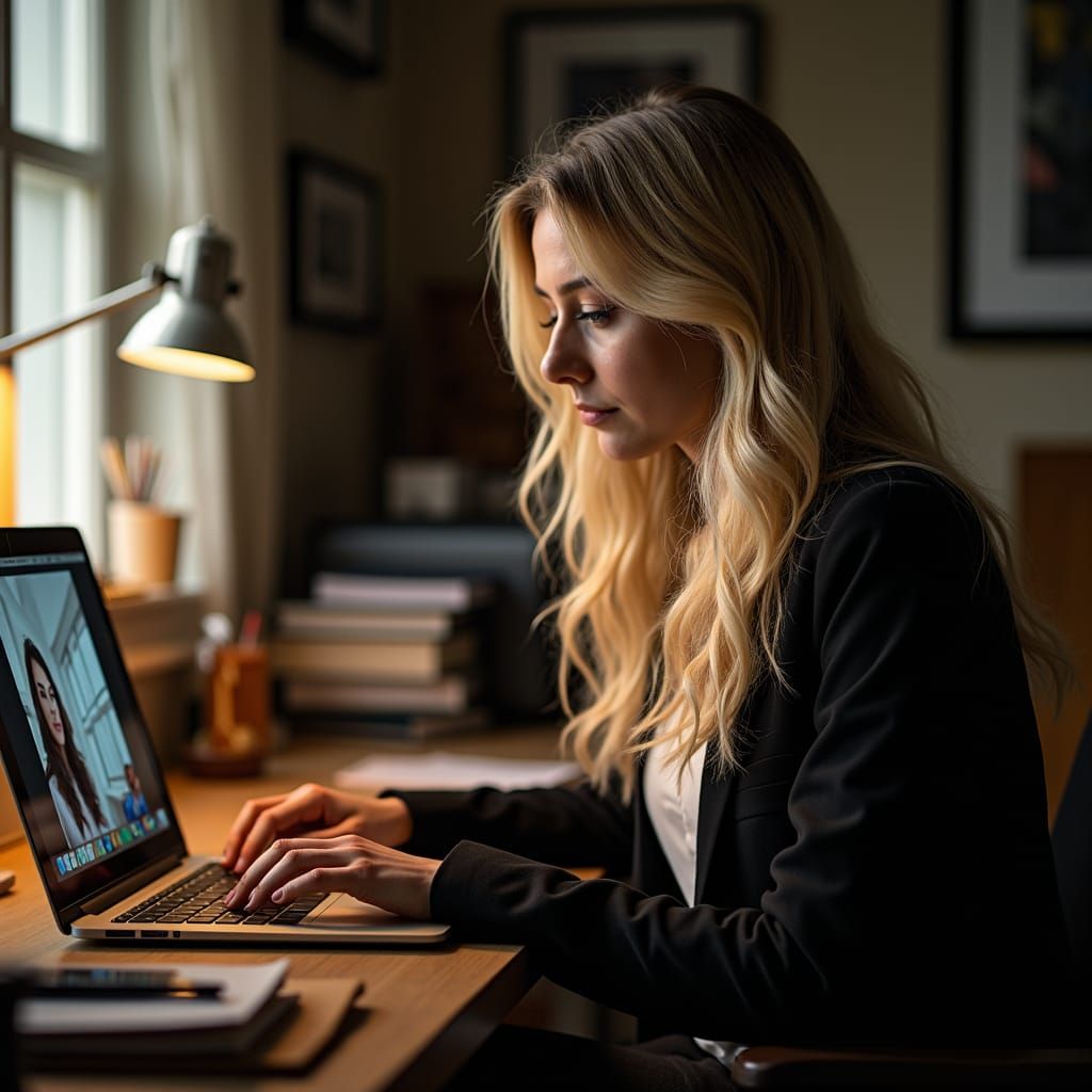 Woman Engrossed in Webinar in Home Office
