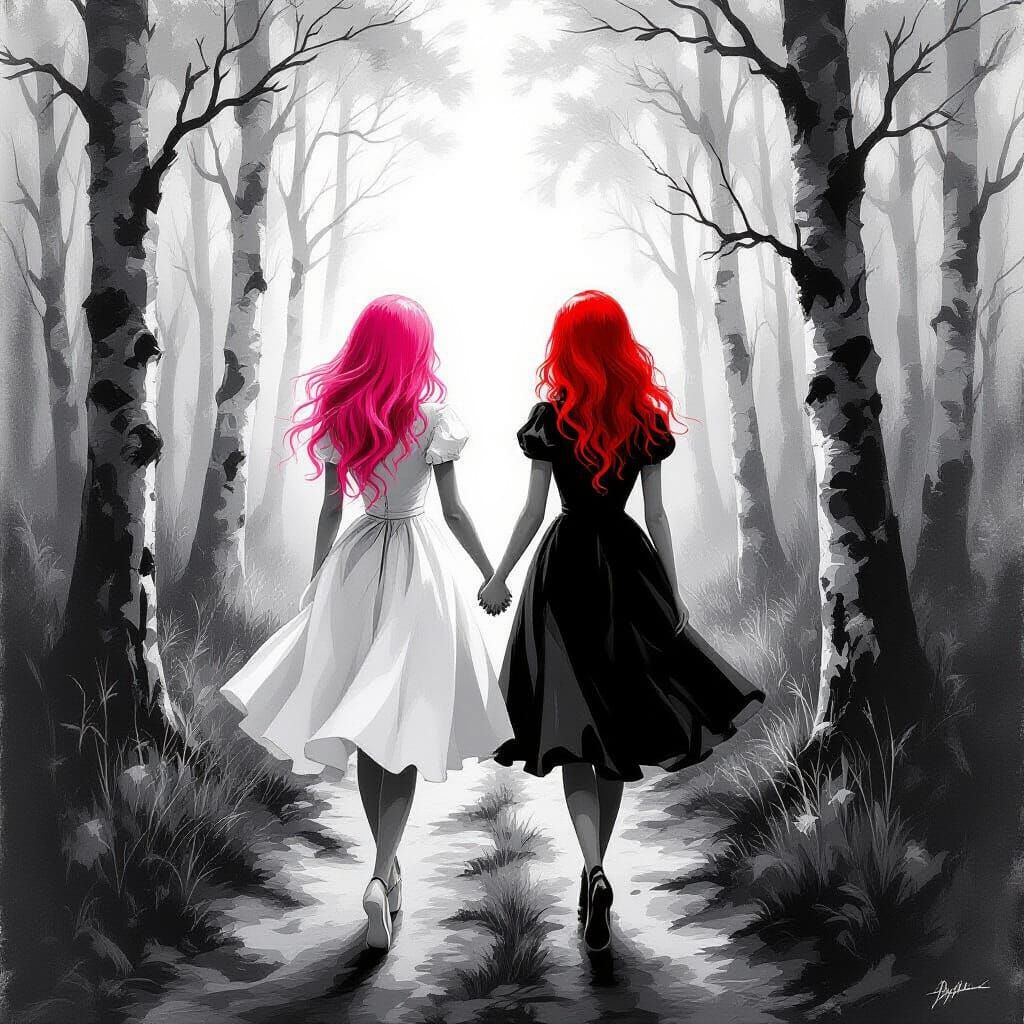 Surreal Black and White Forest Walk with Women in Matching D...