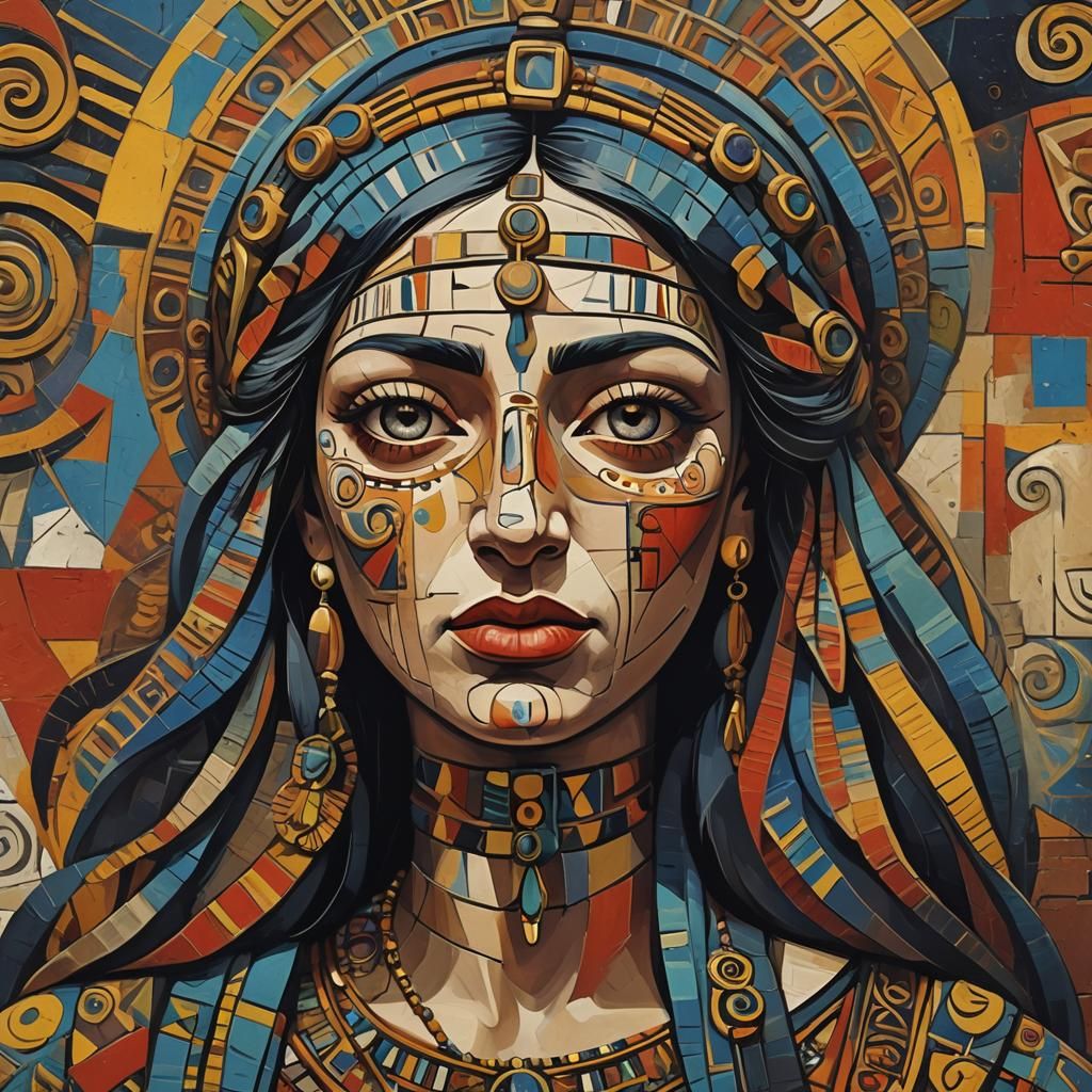 Isis Portrait in Cubist Style, Detailed and Vibrant