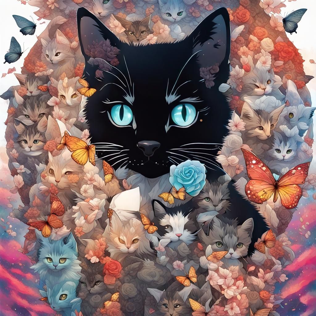 Vibrant Anime Kitten Double Exposure Collage