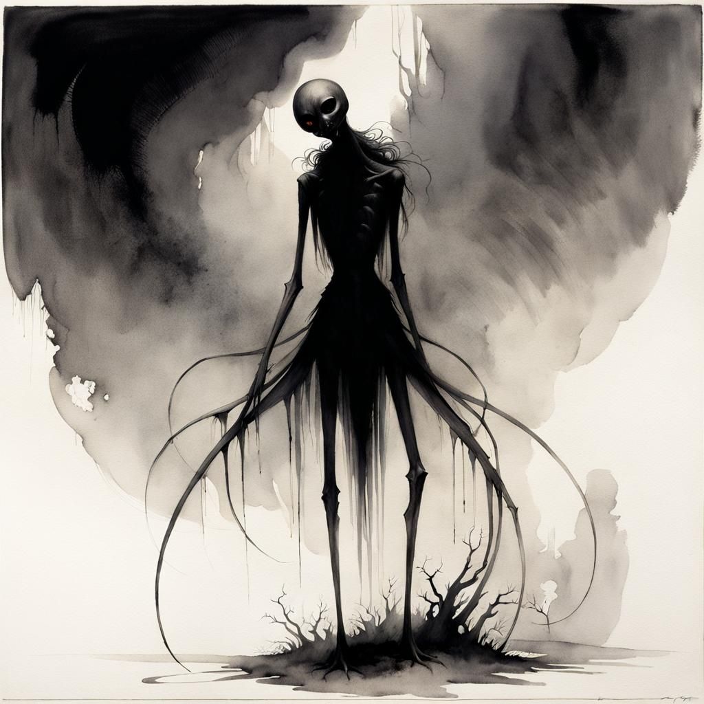 Creepy Shadow Creature in Pencil and Watercolor