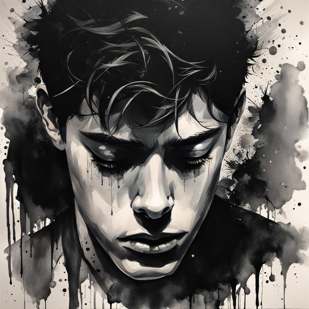 Weary Young Man Drifting Off to Sleep: Ink and Watercolor