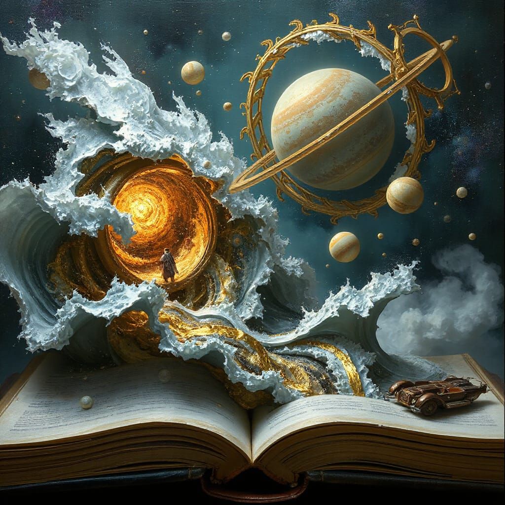 Golden Galleon Sailing Through Silver Galaxy Planets