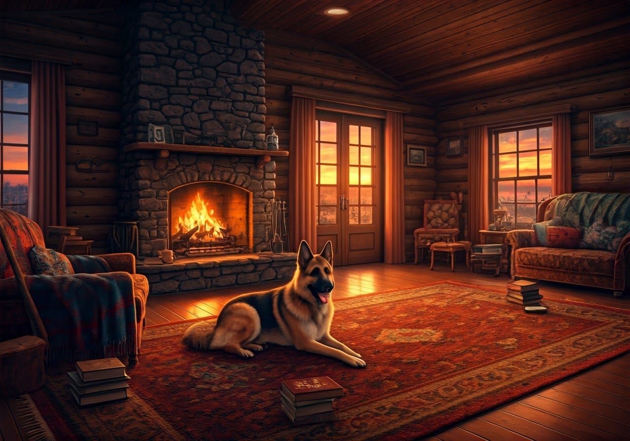 Cozy 1980s Cabin at Sunset: Detailed Digital Painting