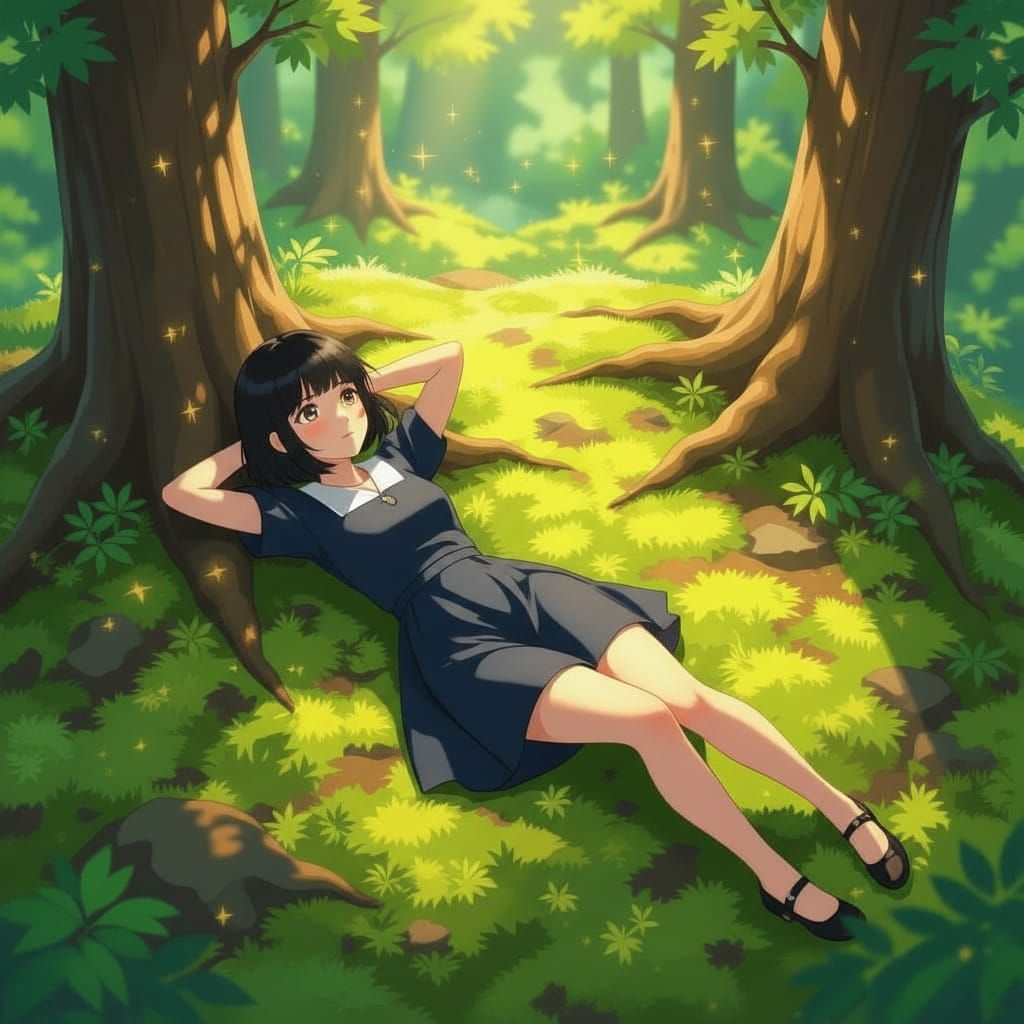 Asian Girl Relaxing in Sunlit Forest, Studio Ghibli Style