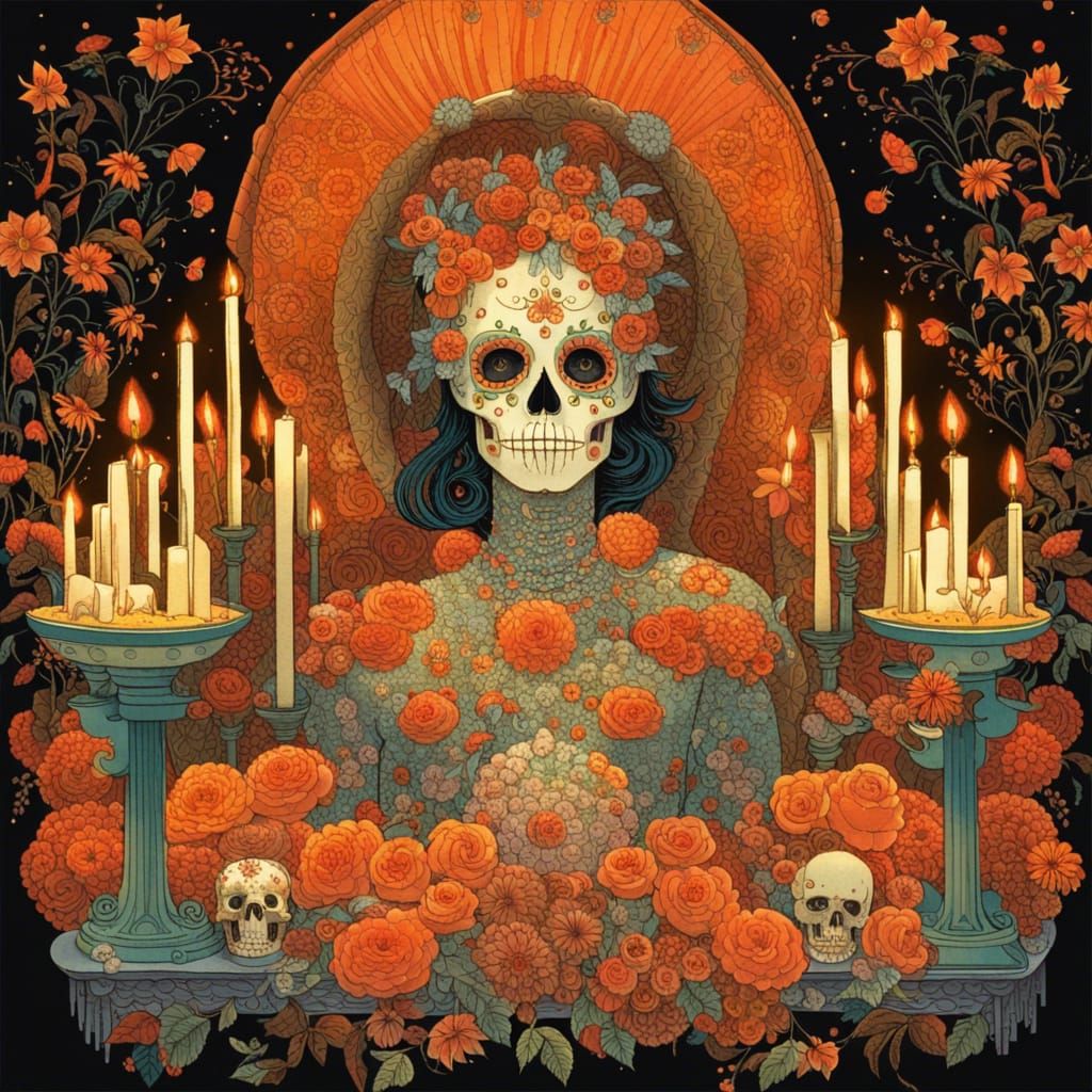 Mystical Altar to Santa Muerte in Día de los Muertos Style
