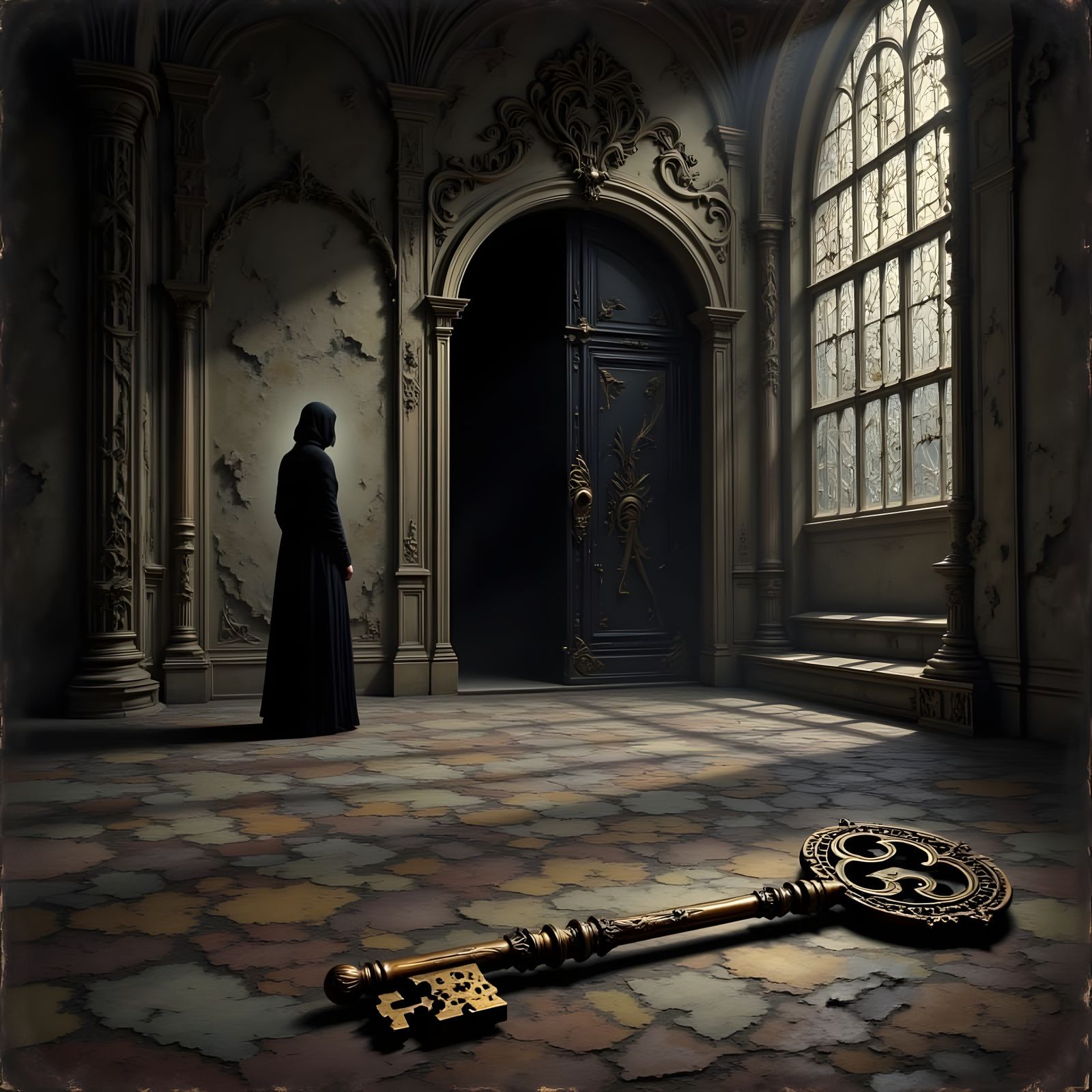 Antique Door with Skeleton Key and Stark Shadows