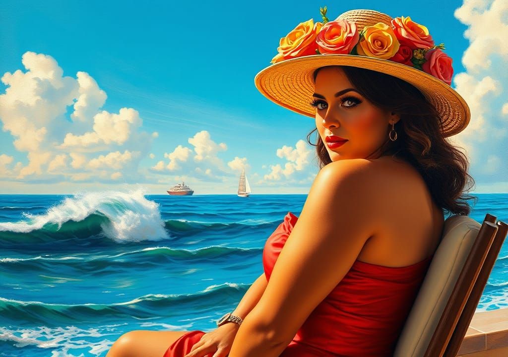 Elegant Woman by the Sea: Oil Painting