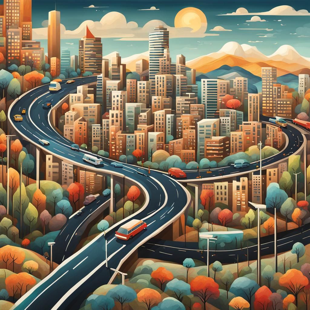 Stylized City Panorama Road Artwork