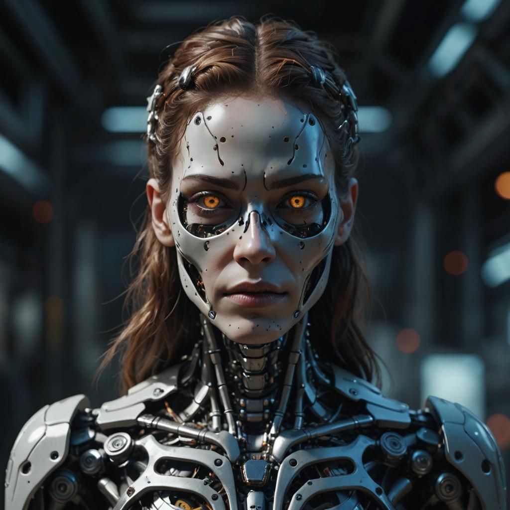 Hyperrealistic Cyborg with Skeletal Face in Sci-Fi Style