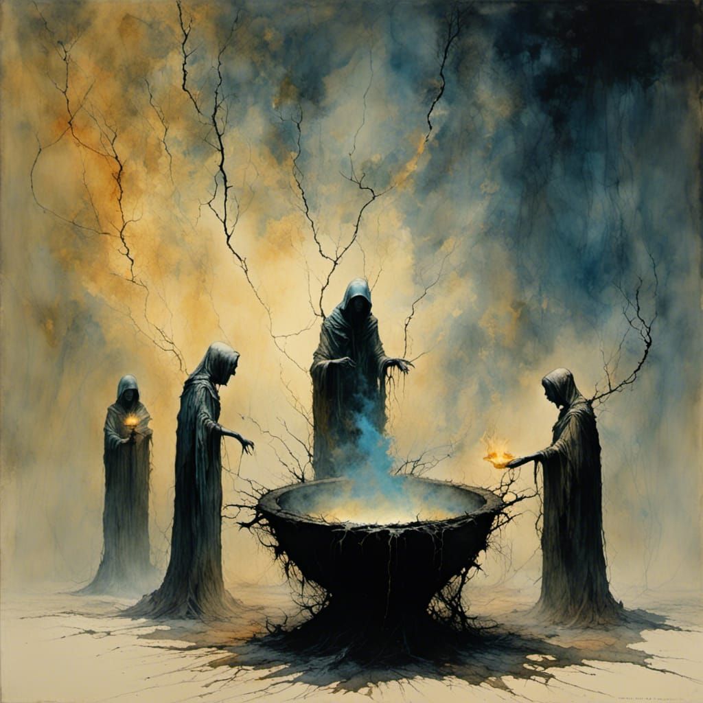 Eldritch Coven Performing Spell in Beksiński Style