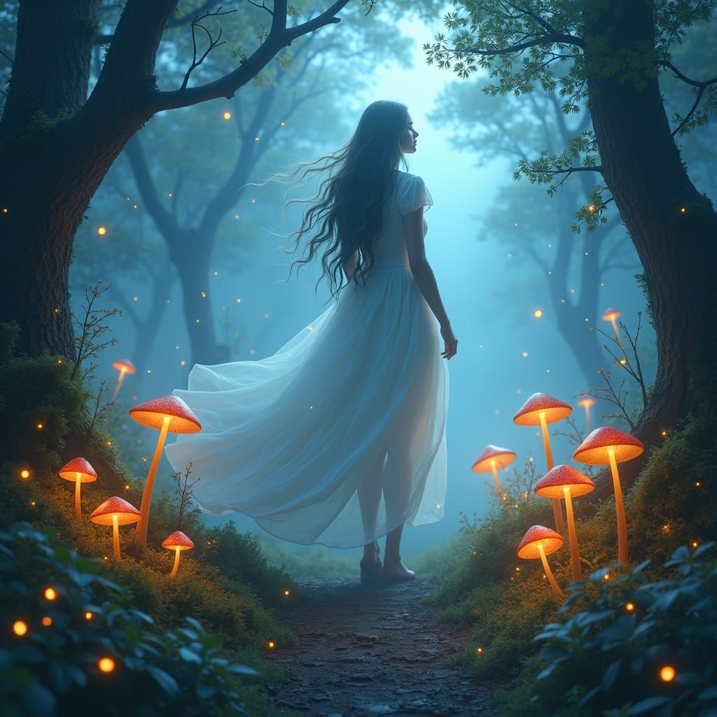 Mystical Woman in Ethereal Forest Landscape