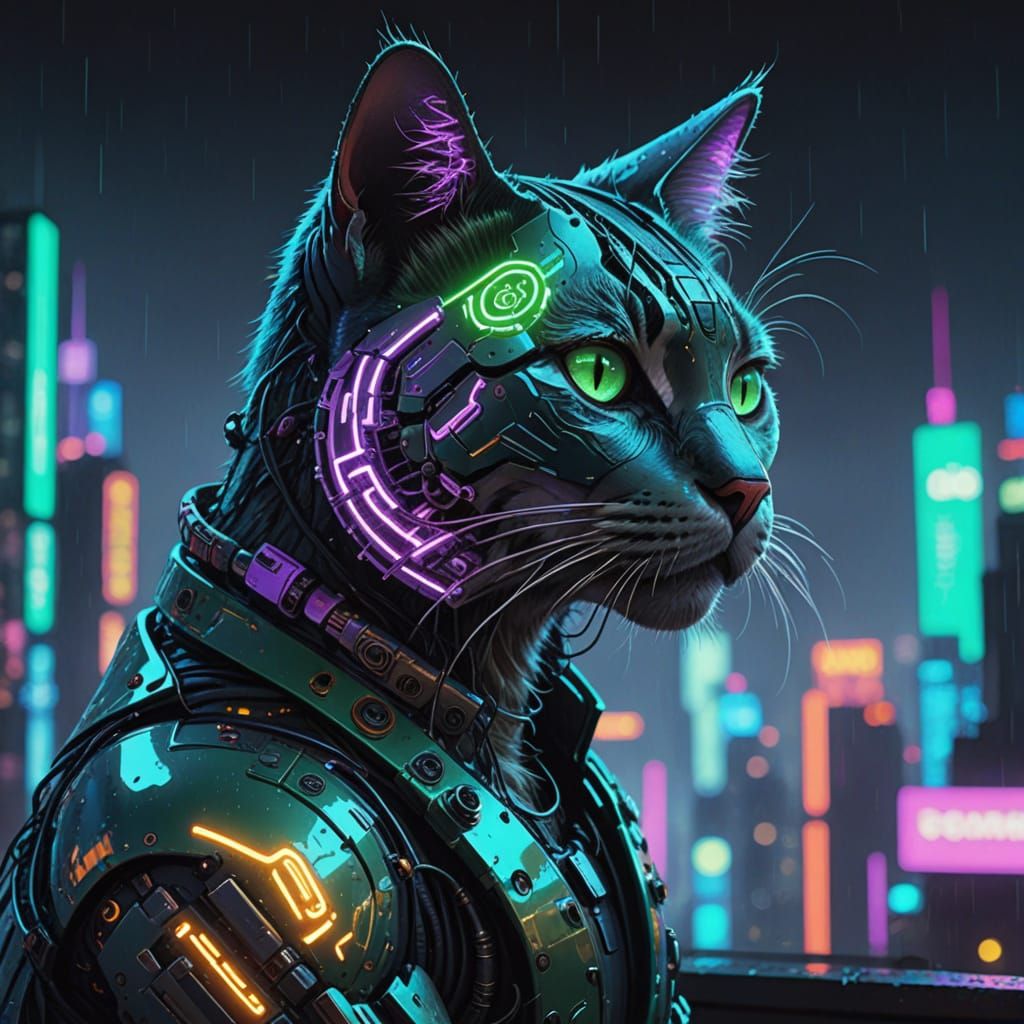 Cyberpunk Cat in Neon Cityscape