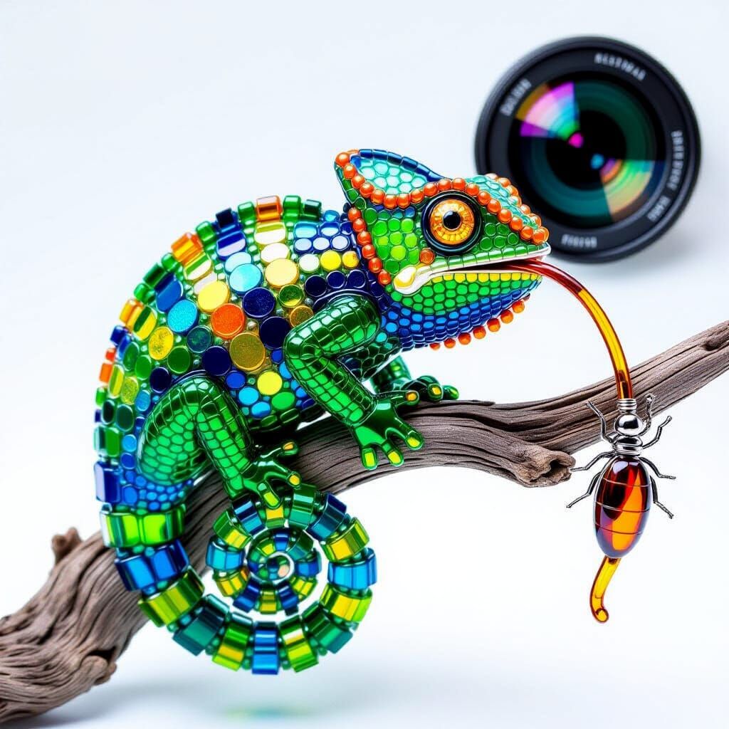 Glass Bead Chameleon Sculpture with Bioluminescent Effect