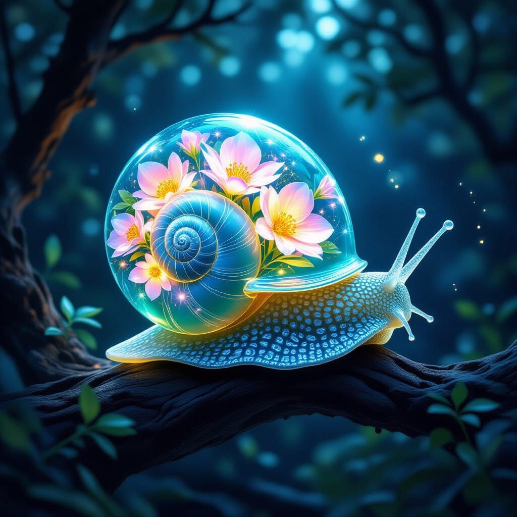 Bioluminescent Flowers in Crystal Snail Shell: Digital Art
