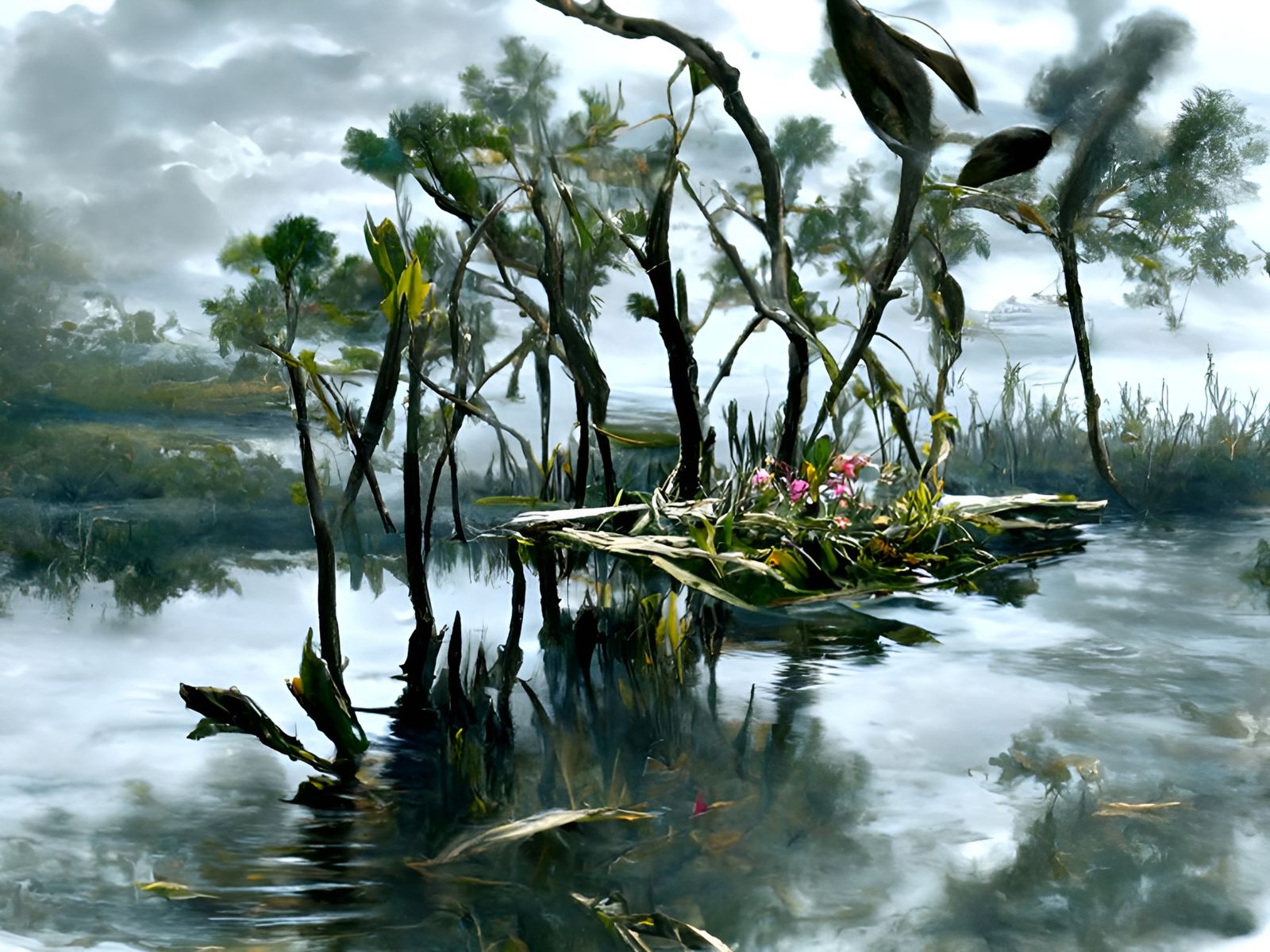 Magical Everglades Oil Painting with Colorful Orchids