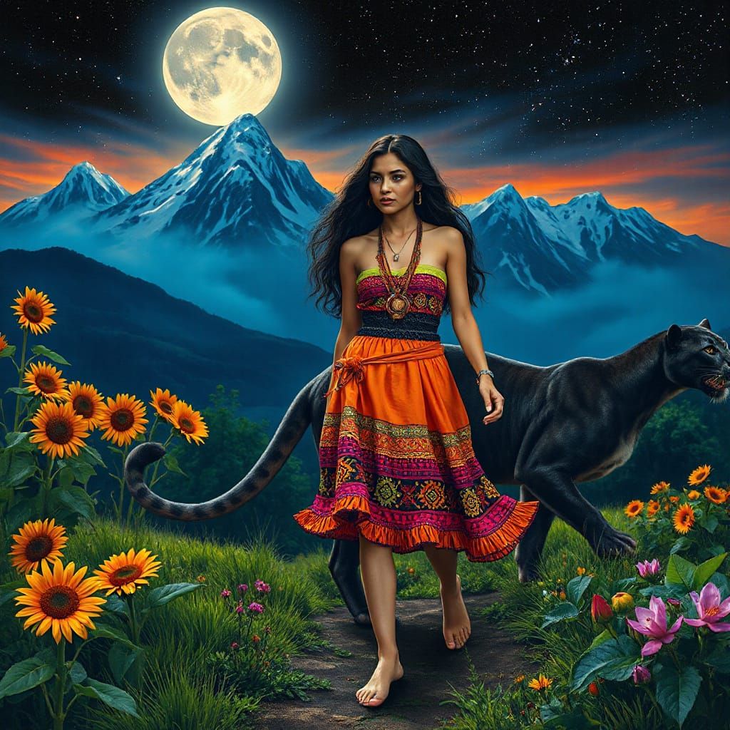 Mystical Panther Walks with Andean Woman through Vibrant Jun...