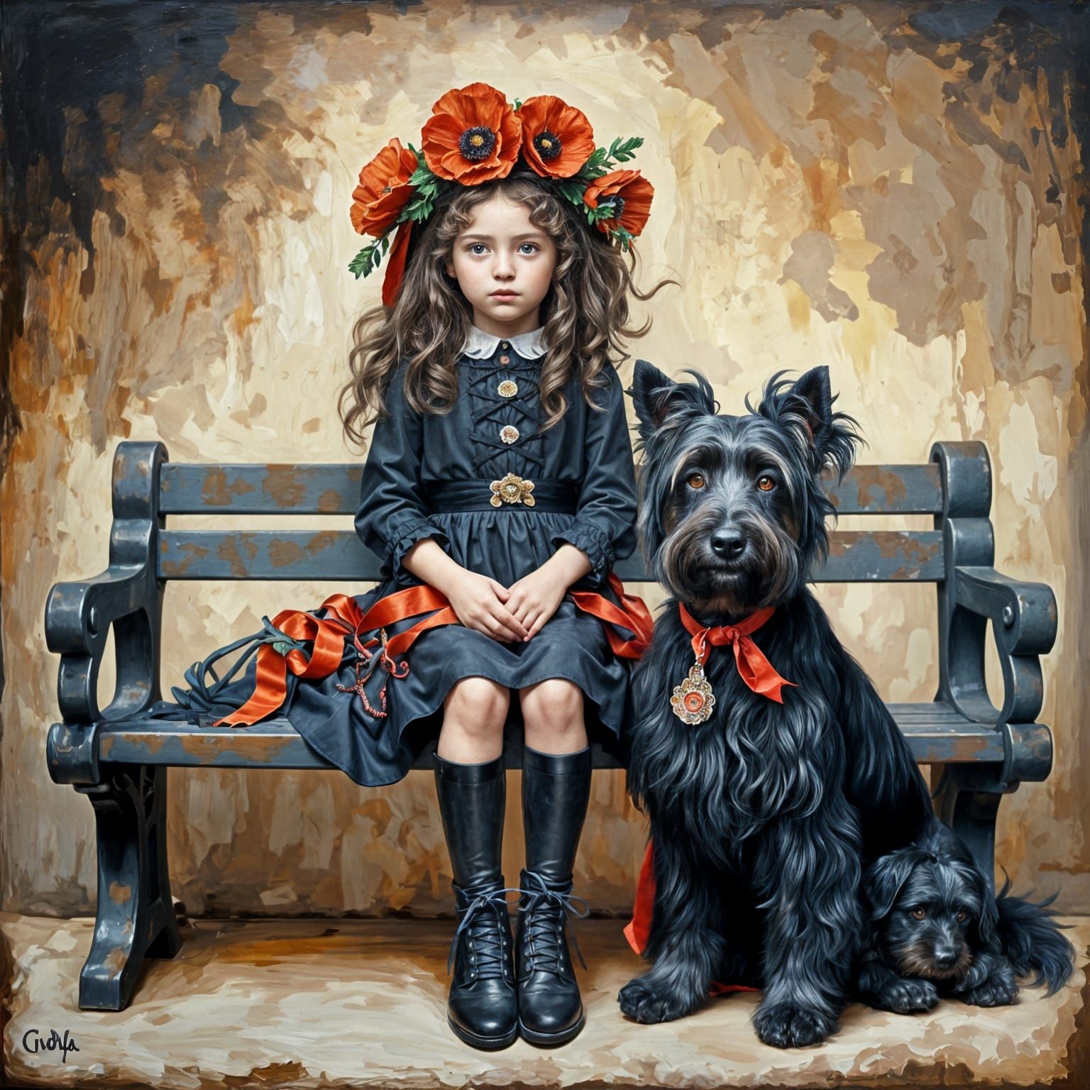 Baroque Portrait of Little Girl with Scottish Terrier