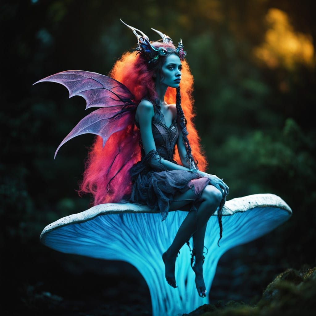 Regal Alien Fairy Seated on Ancient Mushroom