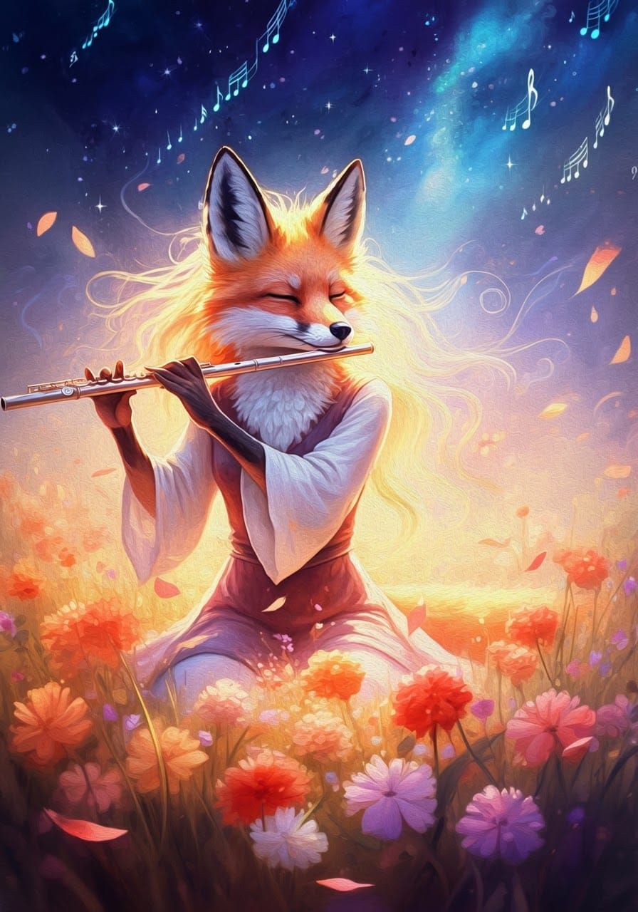 Anthropomorphic Fox Flautist in Stardust Meadow, Watercolour...