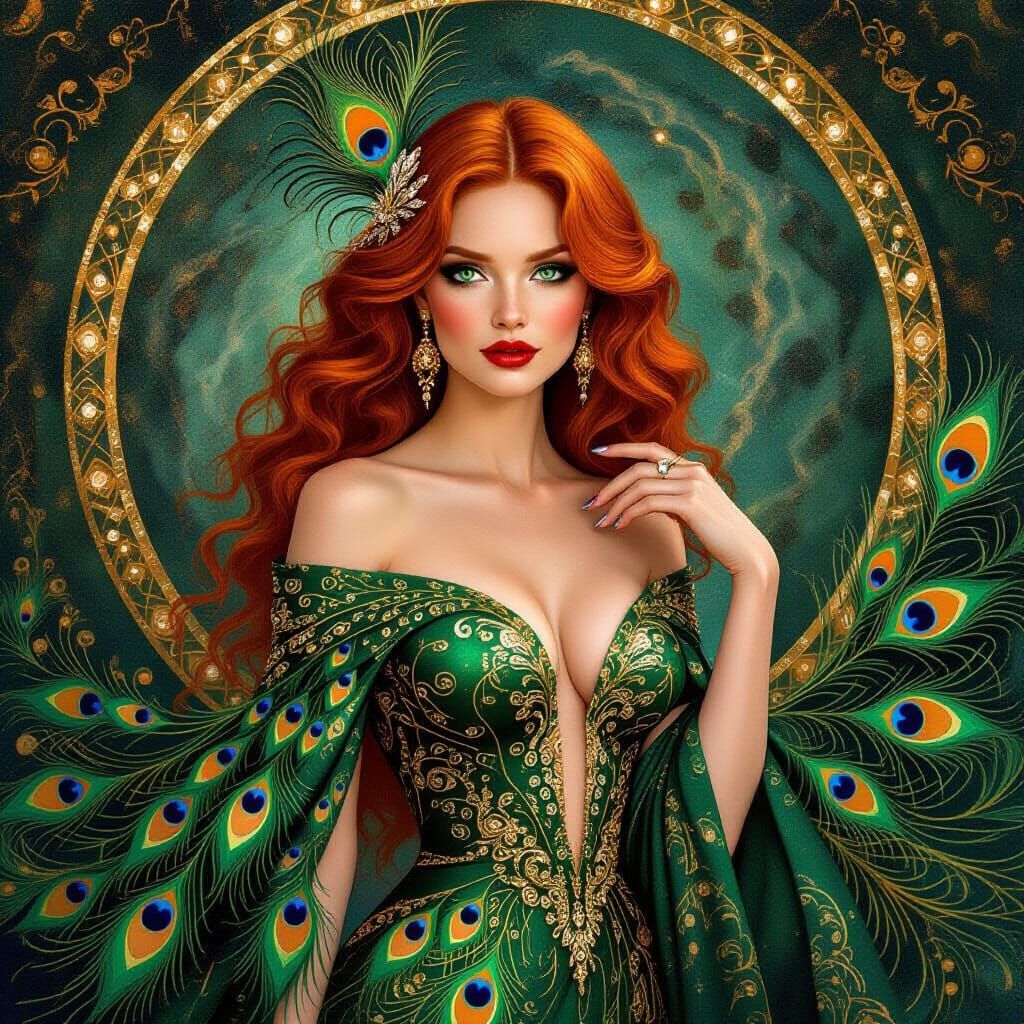 Cosmic Woman with Peacock Gown in Art Nouveau Style