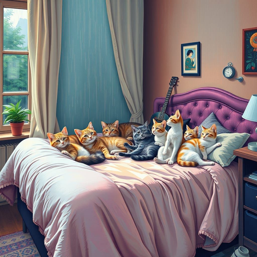 Cozy Apartment with Cats in Astral Cosmic Style