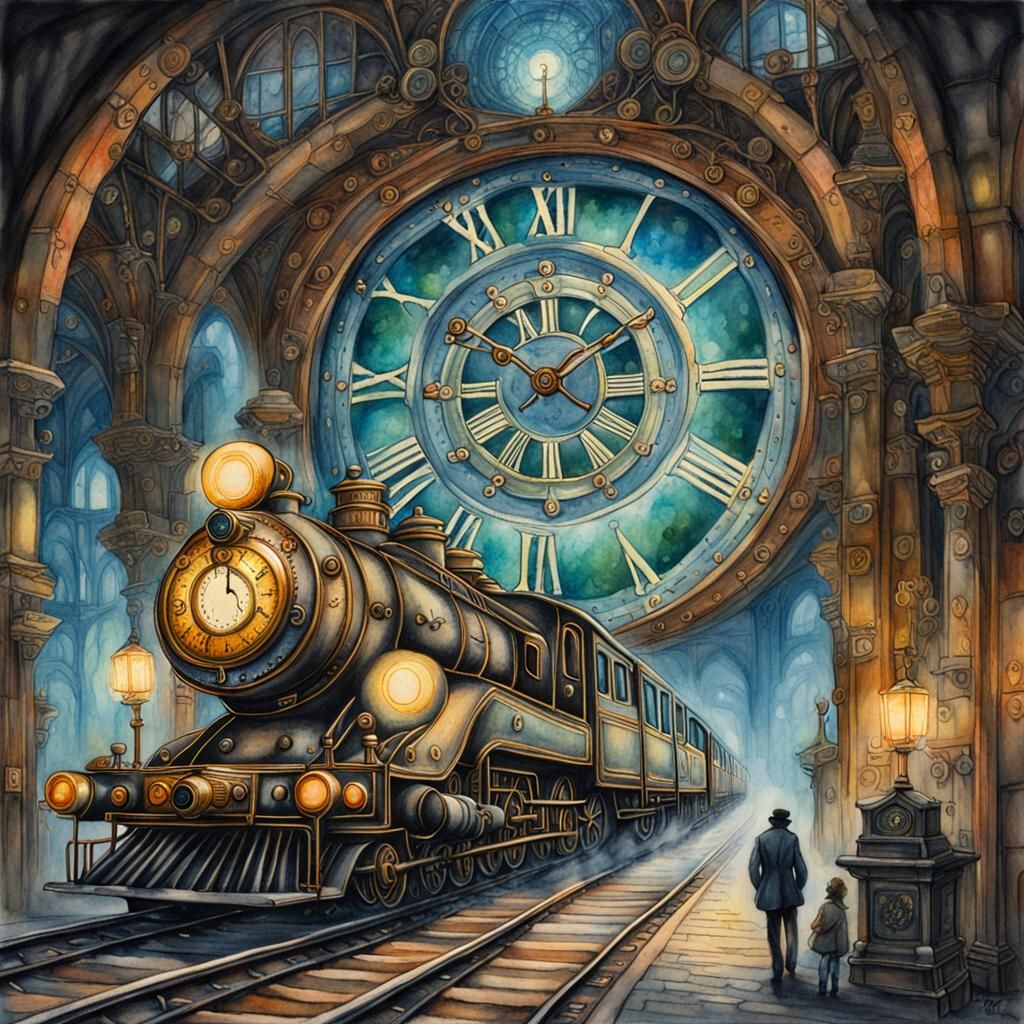 Steampunk Train with Mystic Portal Watercolour
