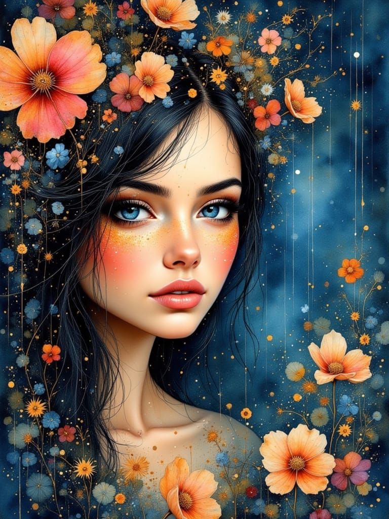 Breathtaking Woman in Watercolor Portrait with Glowing Eyes
