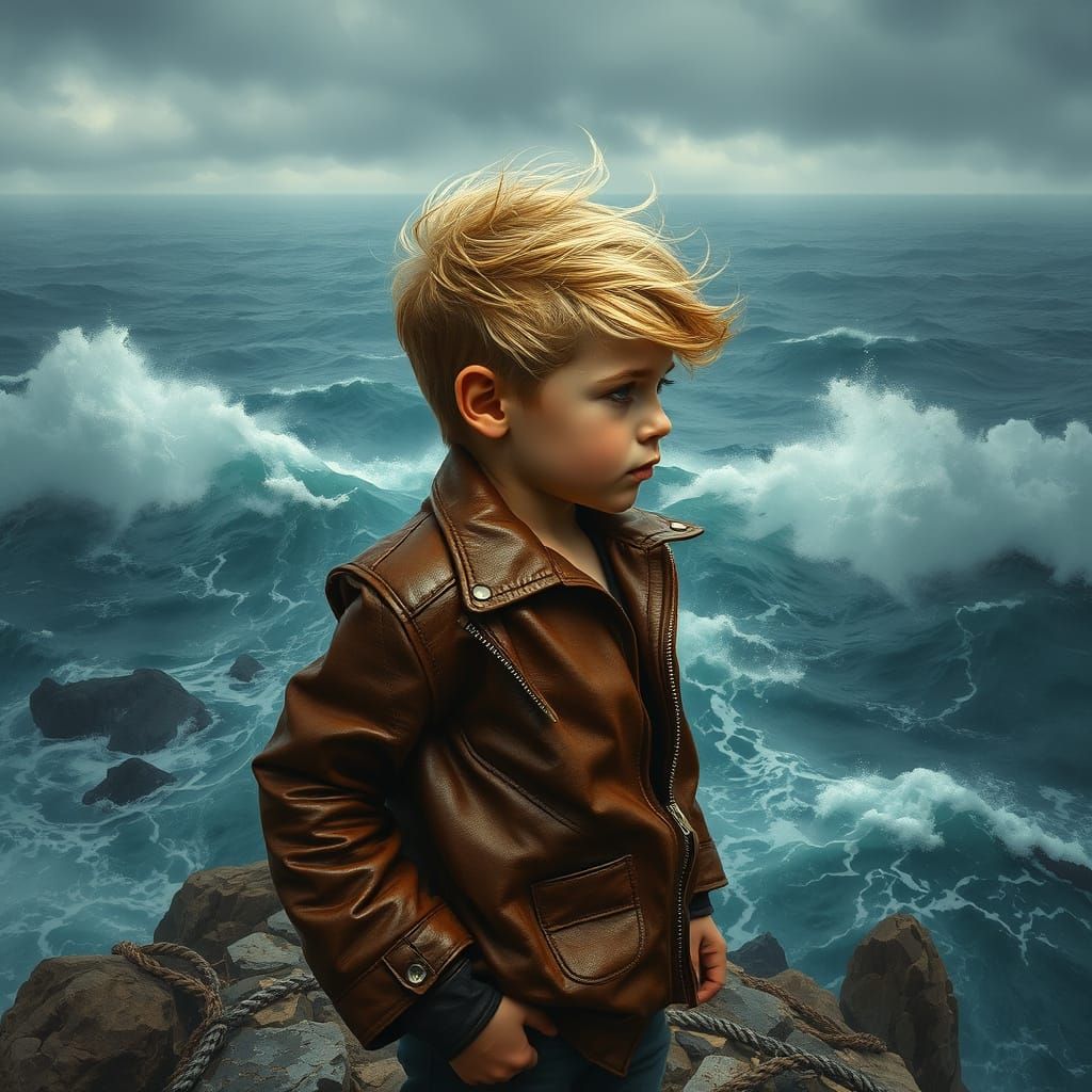Boy Gazing at Stormy Sea Oil Painting
