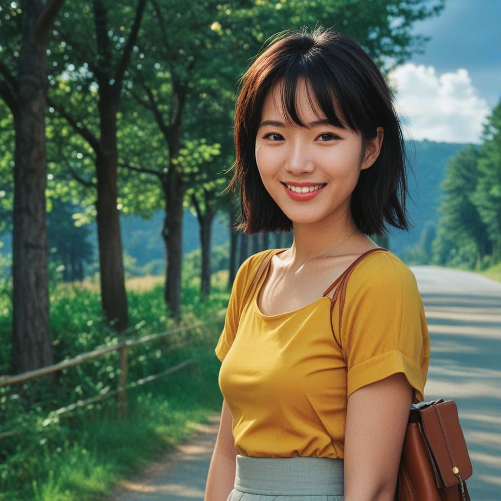 Young Woman on Japanese Road in Film Noir Style