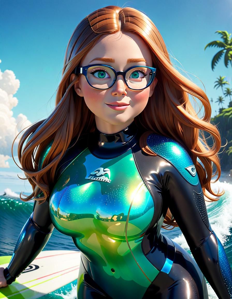 Freckled Surfer Girl in Iridiscent Wetsuit: 3D Digital Art