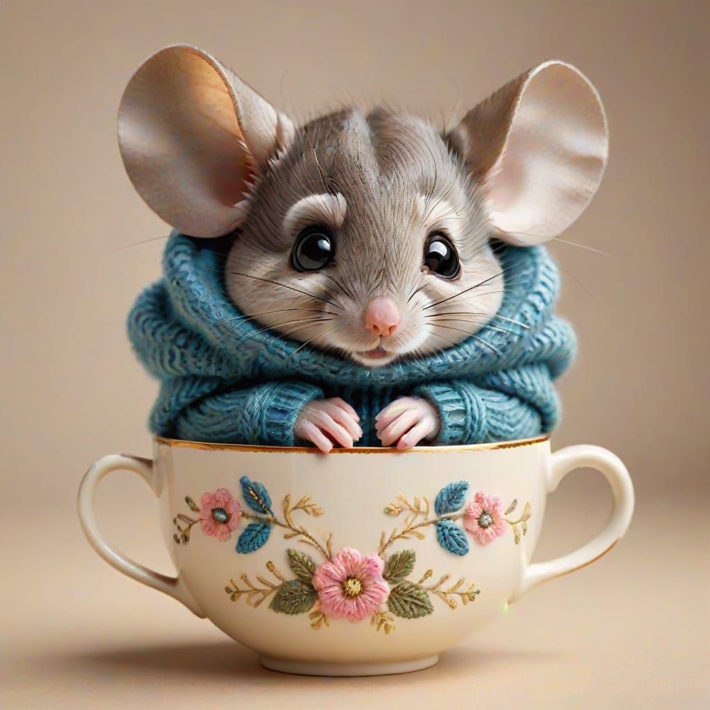 Shy Mouse Hiding Behind Teacup