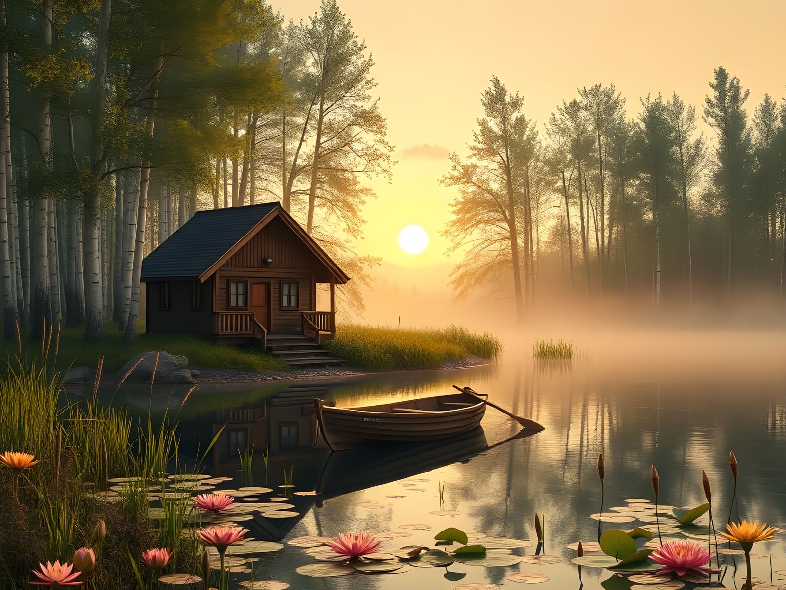 Tranquil Backwater Scene at Dawn in Hyperrealistic Style