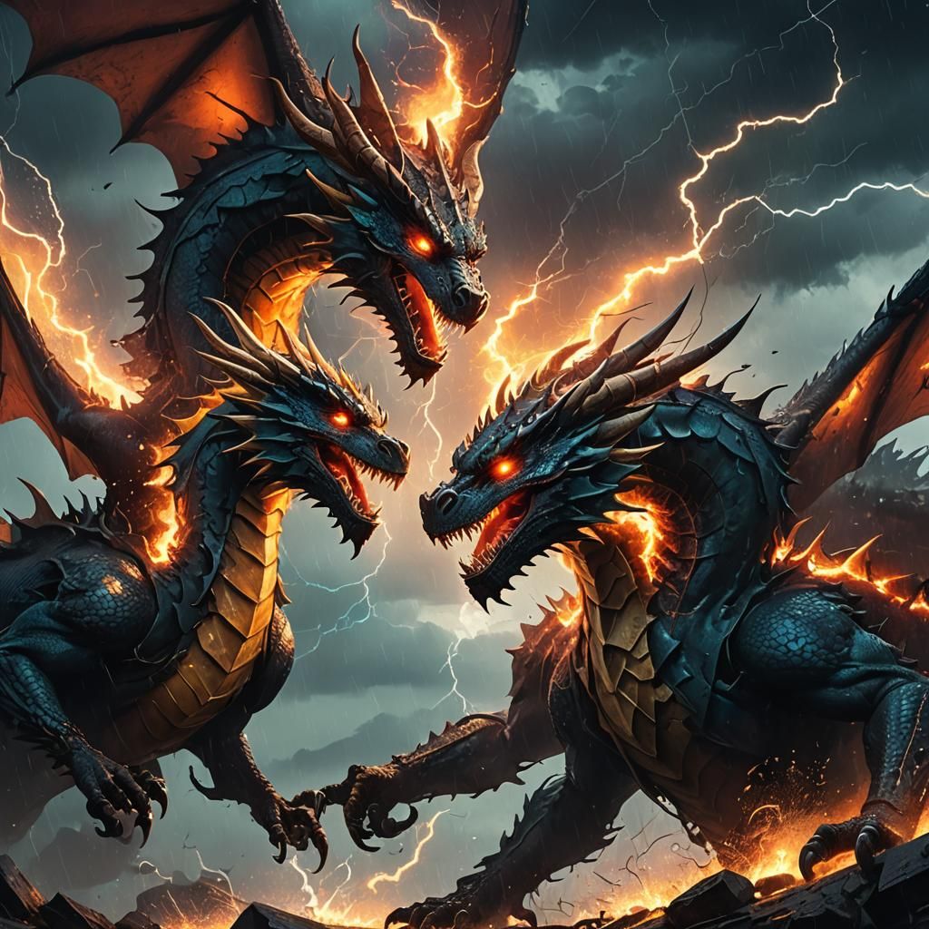 Dragons Clash in Stormy Sky, Fantasy Concept Art
